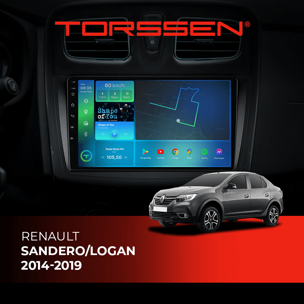 Штатна магнітола Torssen Renault Sandero/Logan 14-19 FL9 4+64Gb 4G Carplay DSP — зображення 1 Штатна магнітола Torssen Renault Sandero/Logan 14-19 FL9 4+64Gb 4G Carplay DSP — фото 1 з 2